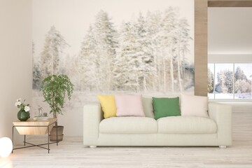 White living room with sofa. Scandinavian interior design. 3D illustration