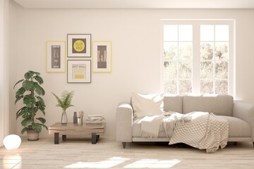 White living room with sofa. Scandinavian interior design. 3D illustration