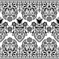 Scandinavian floral folk art seamless vector pattern with birds, Nordic repetitive black and white ornament with flowers

