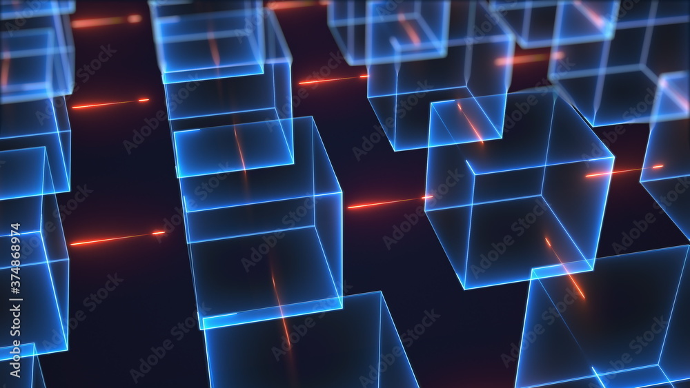 Poster connection structure of many neon cubes. computer generated abstract isometric background, 3d render