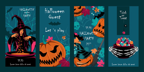 Fototapeta na wymiar Set of cards for halloween. Vector image of a conjuring witch, pumpkins, candies, leaves, cobwebs, skulls. Eliminations for design, for cards, banners, flyers.