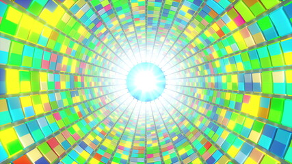 Dance floor tunnel of multi-colored squares, computer generated. 3d rendering of modern background