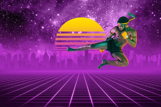 Martial arts. Beautiful background, synth wave and retro wave, vaporwave futuristic aesthetics. Ultraviolet, sportsman in glowing neon style. Stylish flyer for ad, offer, bright colors and city view.