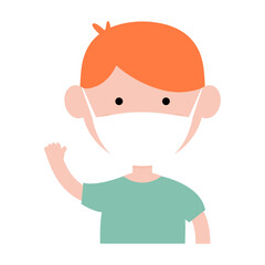 Cute little boy wearing in protective medical mask. Cartoon happy boy vector illustration isolated on white.