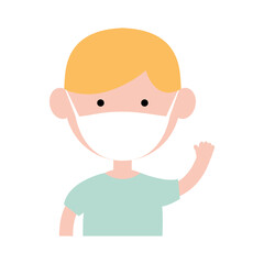 Cute little boy wearing in protective medical mask. Cartoon happy boy vector illustration isolated on white.