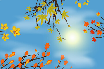 Vector illustration. A tree branch with autumn leaves of a maple. Landscape in autumn season.