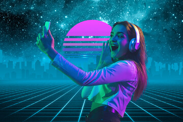 Music, blog. Beautiful background, synth wave and retro wave, vaporwave futuristic aesthetics. Ultraviolet, woman with device in glowing neon. Stylish flyer for ad, offer, bright colors and city view.