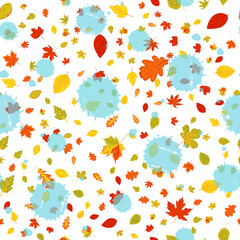 Vector seamless pattern with bright autumn leaves with ink stains. Fall background.