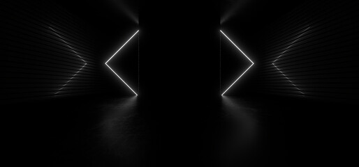 Dark hall with bright white neon lights on a black background. 3d rendering image.
