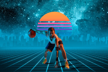 Basketball man. Beautiful background, synth wave and retro wave, vaporwave futuristic aesthetics....