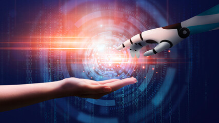 Artificial Intelligence Concept. Cyborg Hand Reaching Human Hand Over Abstract Binary Background