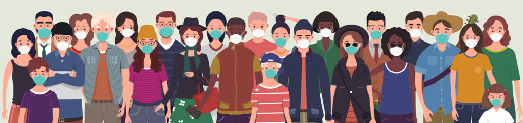Group of people wearing protective medical masks for protection from virus. Prevention and safety procedures concept. Flat style vector illustration 