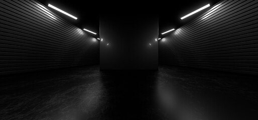Dark hall with bright white neon lights on a black background. 3d rendering image. © Andrey Shtepa