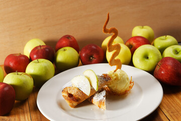 Apfelstrudel with vanilla ice cream and caramel.
