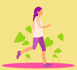 Young girl in sportswear 
running, jogging. Happy woman do sport in leggings and sneakers. Vector cartoon isolated illustration. Print for textile, banner, stylish postcard, background, logo, icon