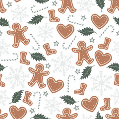 Christmas seamless pattern with candy canes, gingerbread, leafs and snowflakes. Repetitive vector pattern design on transparent background.