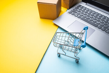 Shopping cart and express box online shopping concept illustration