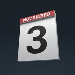 3D rendered illustration of a wall calendar showing November 3rd, day of US presidential election