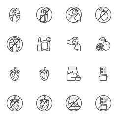 Allergy symptoms line icons set, allergic reaction outline vector symbol collection, linear style pictogram pack. Signs, logo illustration. Set includes icons as animal fur allergen, cosmetics, food