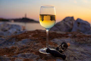 Glass of white wine on the background of Rovinj town, Croatia