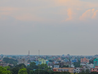 View of city skyline at sunset