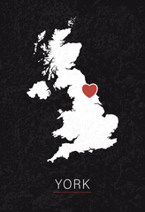 Love York Picture. Map of United Kingdom with Heart as City Point. Vector Stock Illustration