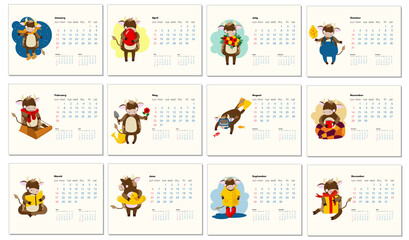 2021 calendar design with bull with hobbies in different seasons of the year. Calendar design concept with kawaii cartoon bull, cute bull or cow, new year symbol. Set of 12 months 2021 pages. 