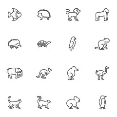 Animals side view line icons set, outline vector symbol collection, linear style pictogram pack. Signs, logo illustration. Set includes icons as lion, monkey, elephant, koala, fish, hedgehog, bird