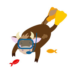 A cute brown goby swims surrounded by fish. A scuba diving lady swims on vacation. Summer vacation concept at sea. Vector image on a white background.