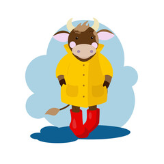 A cute brown goby in a yellow raincoat and rubber boots. Happy autumn concept. vector image on white background.