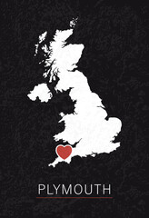 Love Plymouth Picture. Map of United Kingdom with Heart as City Point. Vector Stock Illustration