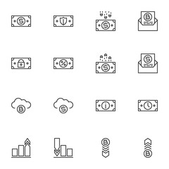 Money and finance line icons set, outline vector symbol collection, linear style pictogram pack. Signs, logo illustration. Set includes icons as currency money bill, dollar, cryptocurrency bitcoin