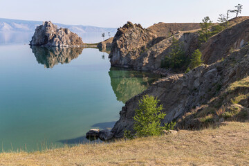 Views of Olkhon island and lake Baikal. Shamanka rock on Cape Burhan