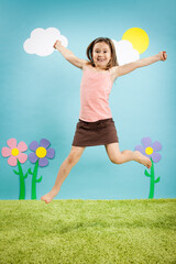 Fototapeta na wymiar Happy Girl Jumping in Celebration in Imaginary Outside Wonderland World