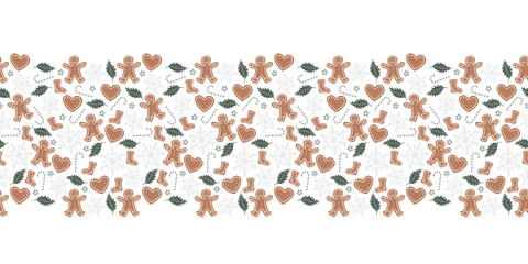 Christmas vector border print on transparent background, seamless pattern. Repetitive surface print design for embellishing cards, posters, labels, fabrics, stationery and packaging.