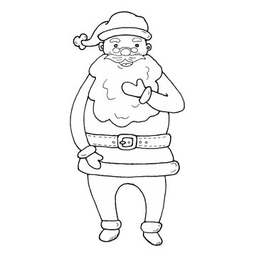 santa claus stroking his beard with his hand in a mitten. Christmas illustration in doodle style. Vector image on white background