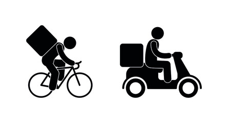 courier rides a moped icon, isolated pictogram man rides, food delivery sign, stick figure people
