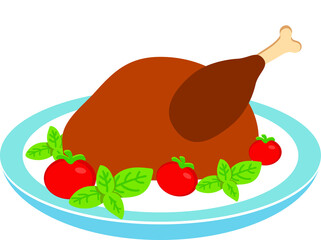 vector roasted turkey with tomatoes and leaves of basil