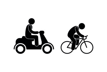motorcyclist and cyclist icons, isolated pictograms, bike and moped, stick figure people