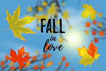 Autumn landscape. Autumn tree leaves, sky, sun background. Text Fall in love. Vector illustration