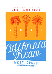 California Dream palm-trees typography t-shirt print. Tropical vacation in USA vector illustration.