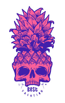 Pine-apple skull best vacation typography t-shirt print. Tropical fruit head bone summer vector illustration.