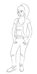 Sketch of a girl with a ponytail hairstyle in a jumpsuit
