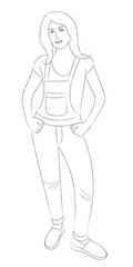 Sketch of a girl in denim overalls, a girl holding hands in pockets