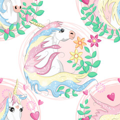 Fototapeta premium pattern with cute unicorns, clouds,rainbow and stars. Magic background with little unicorns