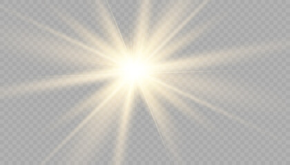 Obraz premium White glowing light explodes on a transparent background. Sparkling magical dust particles. Bright Star. Transparent shining sun, bright flash. Vector sparkles. To center a bright flash.