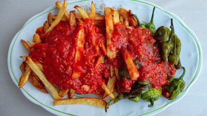 french fries covered with hot organic  tomato sauce closeup in the white plate