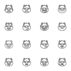 Piggy face emoji line icons set, outline vector symbol collection, linear style pictogram pack. Signs, logo illustration. Set includes icons as happy pig emoticon, smiling, angry emotion, blowing kiss