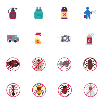 Pest control elements collection, flat icons set, Colorful symbols pack contains - mousetrap, disinfectant, mosquito spray, pest prohibition signs. Vector illustration. Flat style design