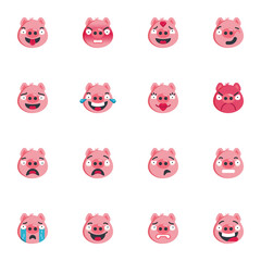 Piggy face emoji collection, flat icons set, Colorful symbols pack contains - pink pig face emoticon, happy smiley, sad emotion, angry, crying, shocked. Vector illustration. Flat style design